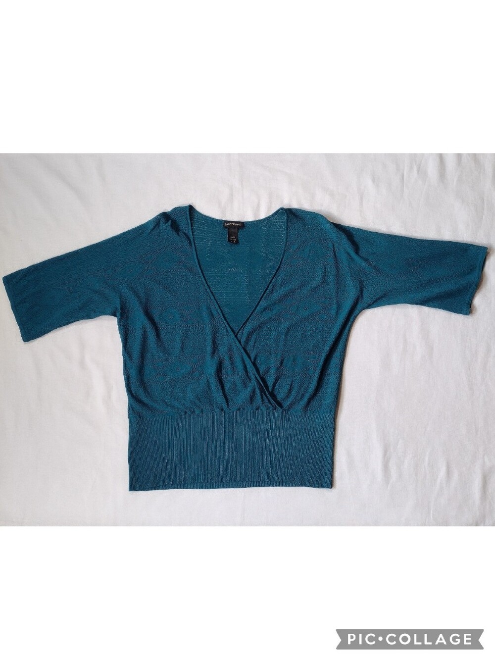 Lane Bryant Y2K Teal Sheer Pointelle Knit Surplice Deep V-Neck Layering Top